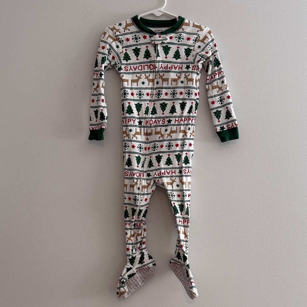 Carter's White, Green & Brown Holiday Tree & Reindeer Footed One-Piece
